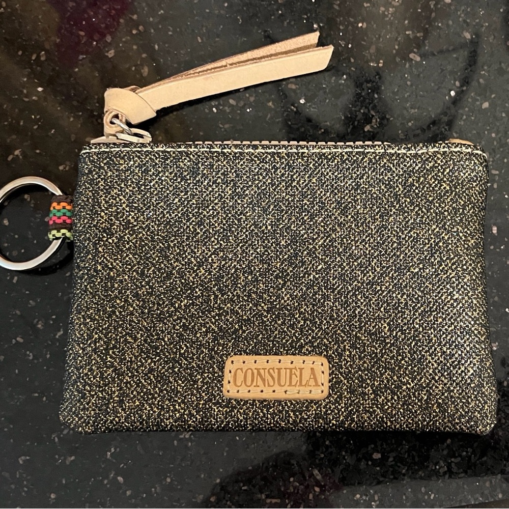 Consuela Black and Gold Glitter Zip Up Coin Wallet Leather Tan Strap Like New